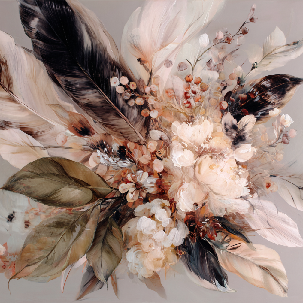 Volledig kunstwerk Pluimroos met bloemstuk in crème, roze en bruine tinten met donkere accenten