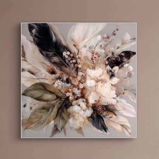 Detailopname van kunstwerk Pluimroos met bloemen, veren en bladeren in zachte tinten