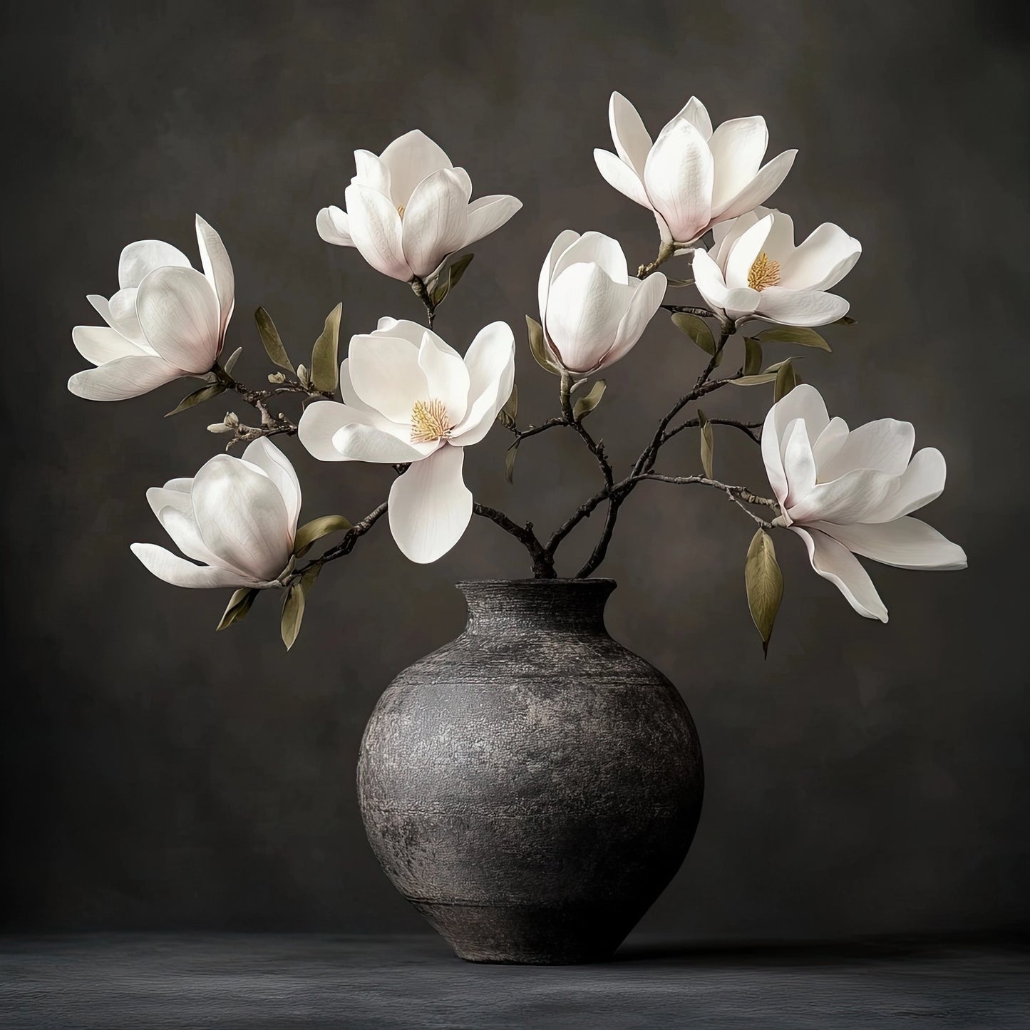 Volledige weergave van het kunstwerk “Poezie in Stilte” met witte magnolia’s in vaas op donkere achtergrond