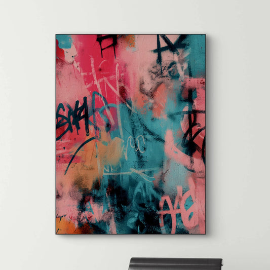 Detailopname van kunstwerk Pulse of Chaos met felle tinten turquoise, fuchsia en zwarte accenten