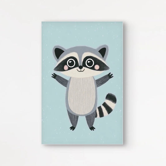 Detail van een lachende wasbeer met uitgestrekte armen op een blauwgroene achtergrond