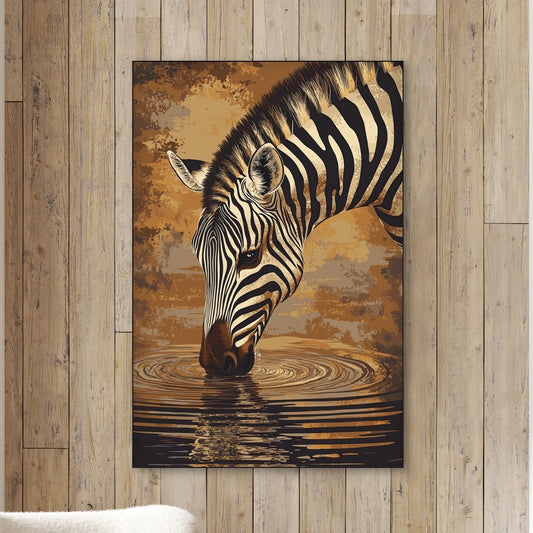 Close-up van zebra met reflectie in water, omringd door warme bruin- en koperkleuren
