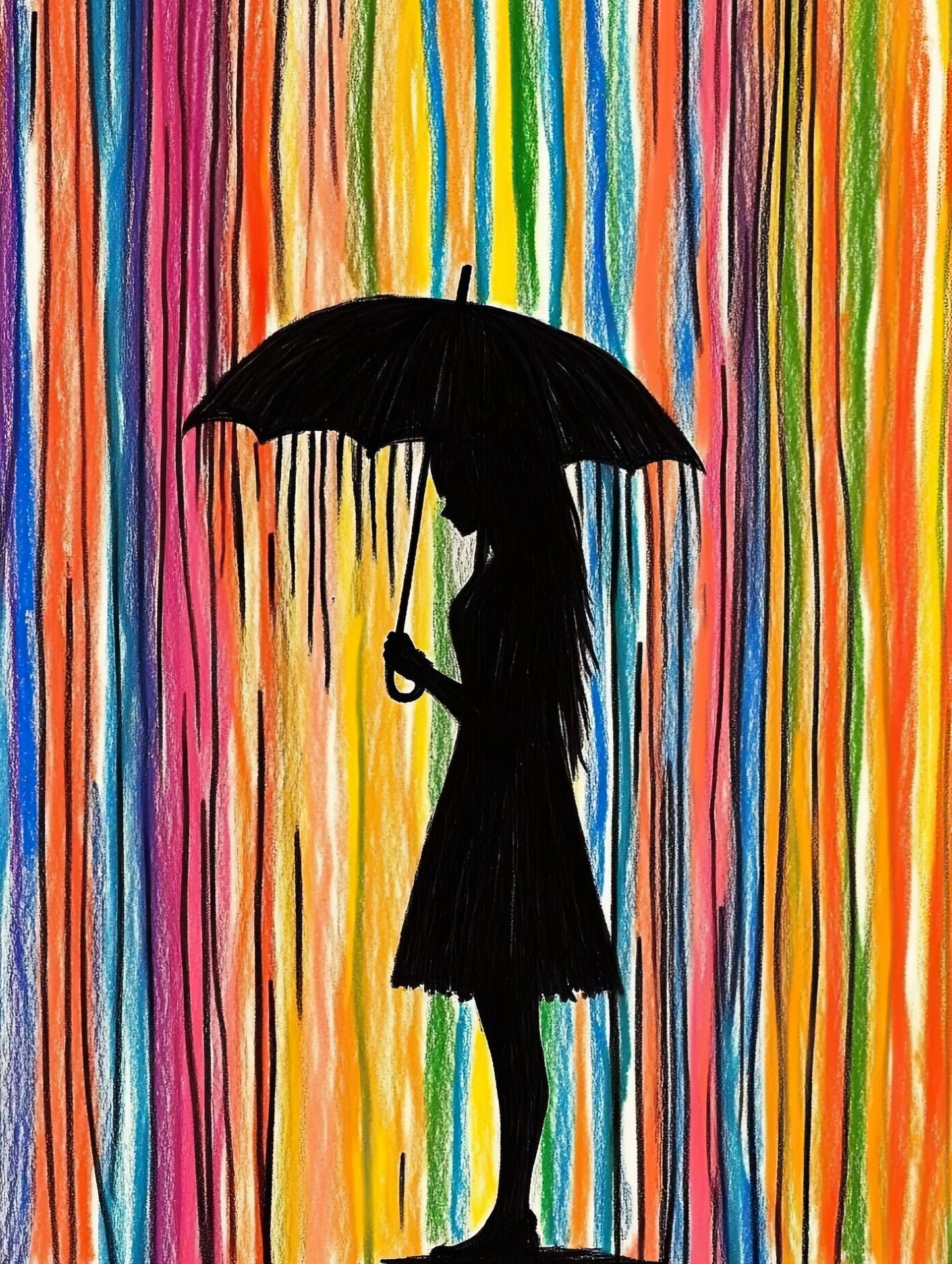 Modern schilderij met regenboogstrepen en zwarte silhouet onder een paraplu