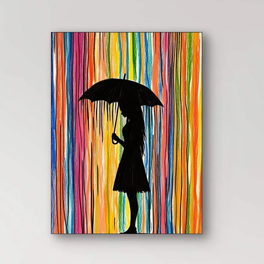 Detail van kleurrijke verticale verfstrepen met silhouet van een persoon met paraplu