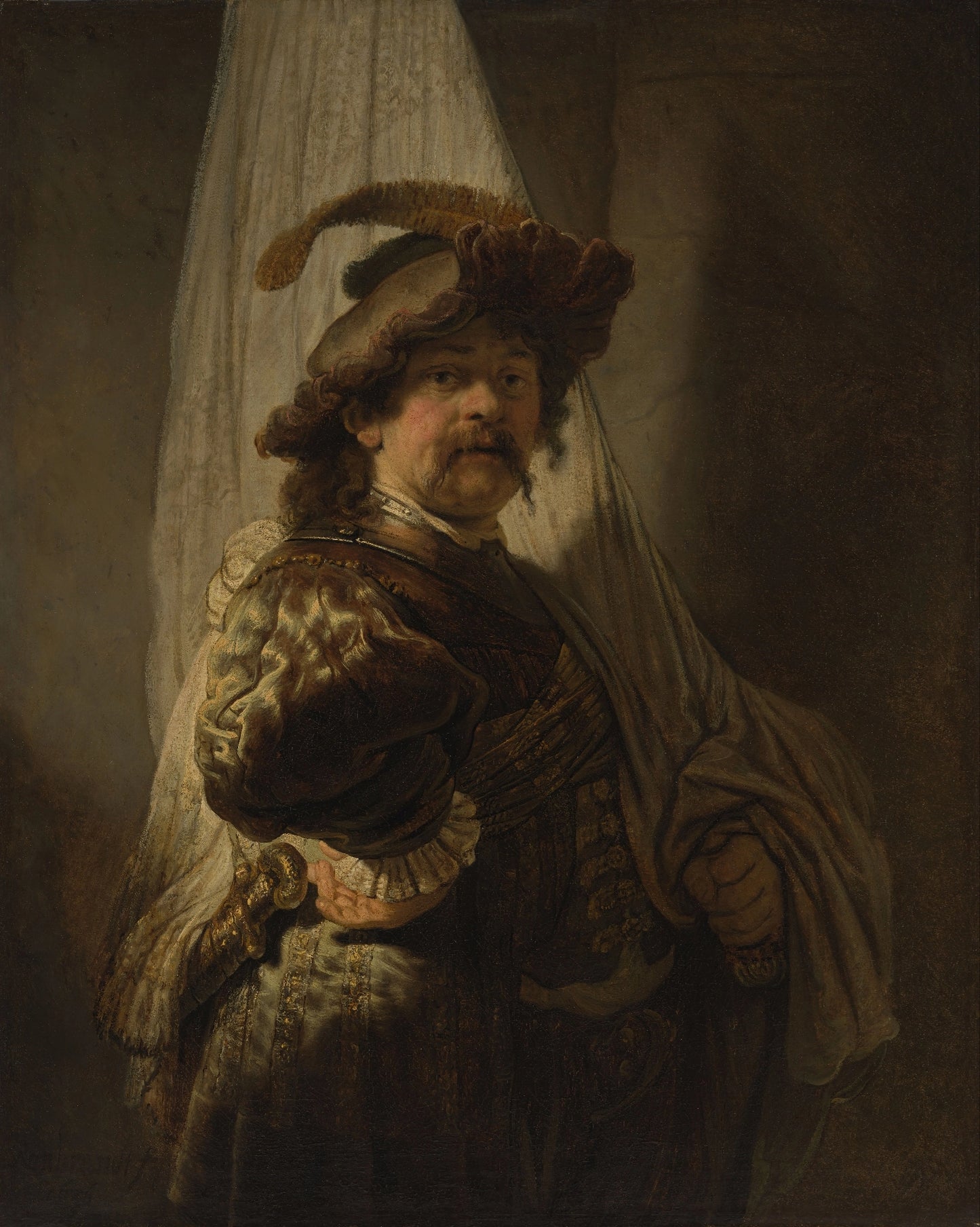 Volledige weergave van Rembrandts “De vaandeldrager” met figuur tegen donkere achtergrond