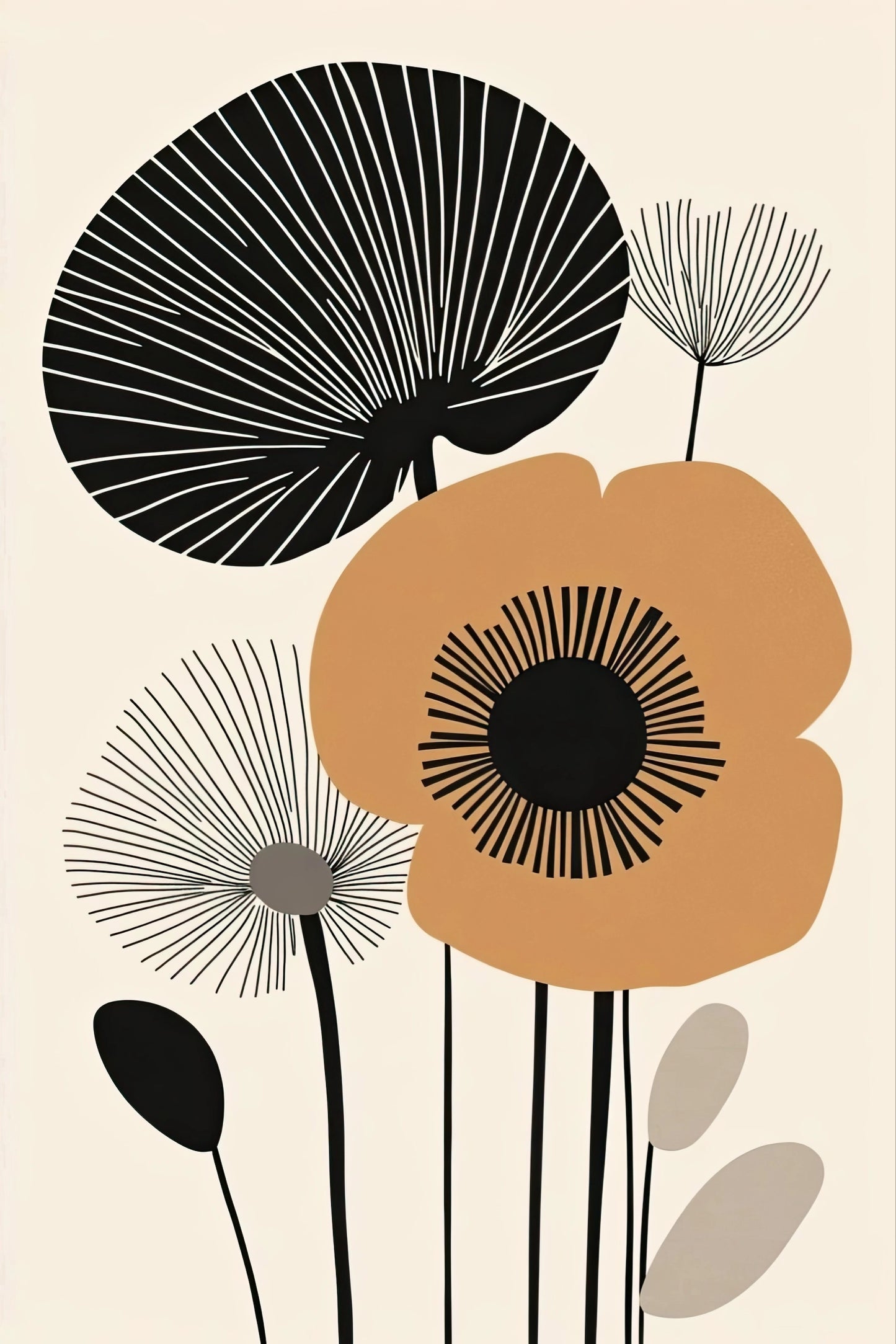 Retro Bloemenfantasie in abstracte bloemenstijl met grafische lijnen en aardetinten