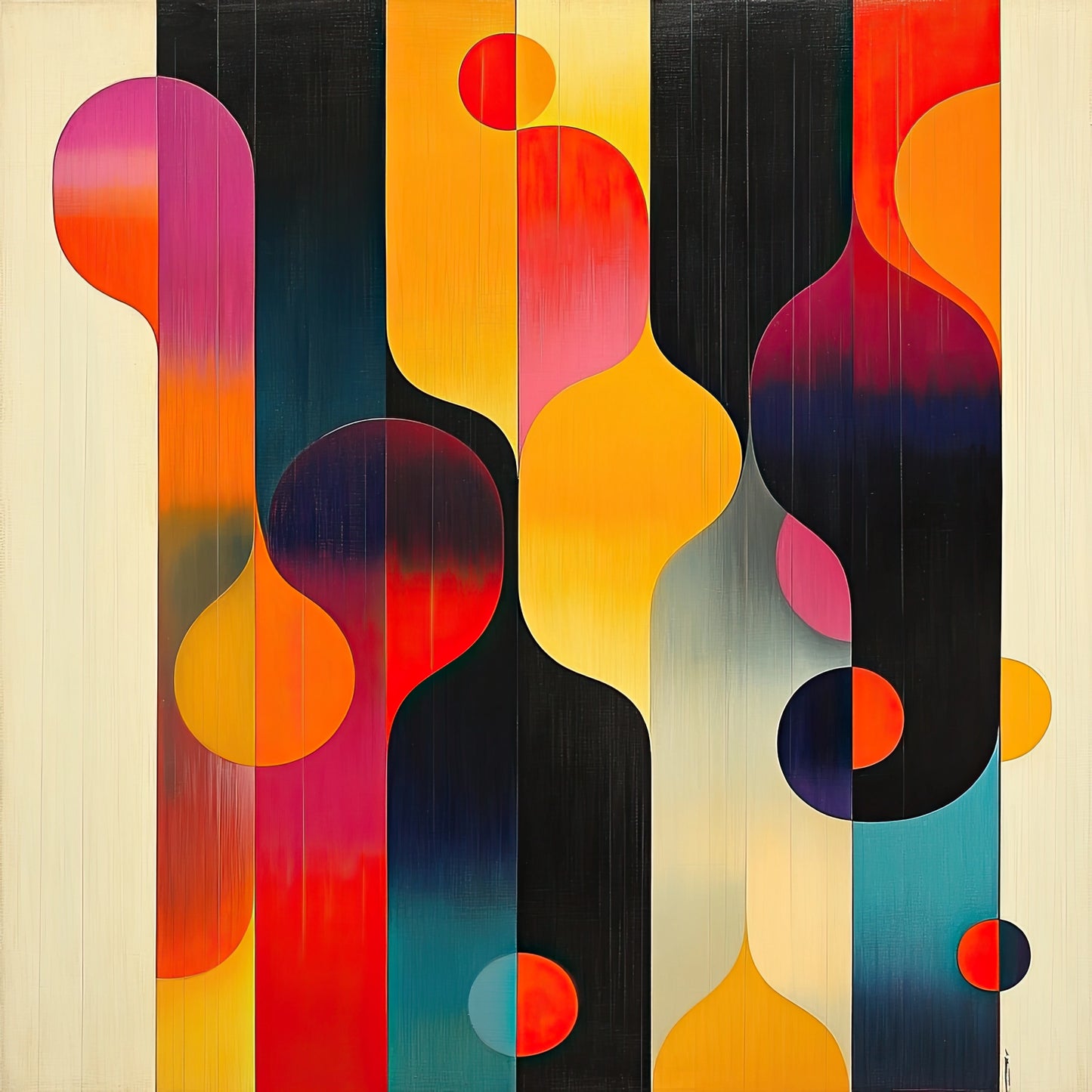 Kunstwerk met retro druppels in warme kleuren en zwart-witte accenten