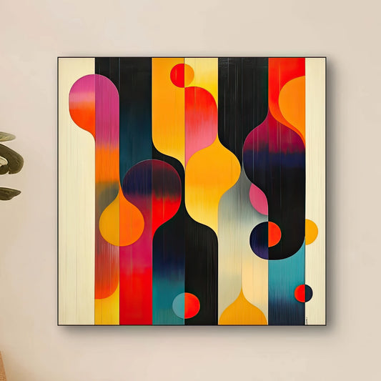 Detail van geometrische druppelvormen in oranje, paars, roze, blauwgroen en zwart op abstracte achtergrond