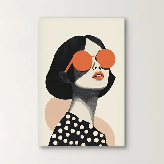 Detail van Retro Eclipse met vrouw in zwart-witte stippenjurk en oranje zonnebril tegen crèmekleurige achtergrond