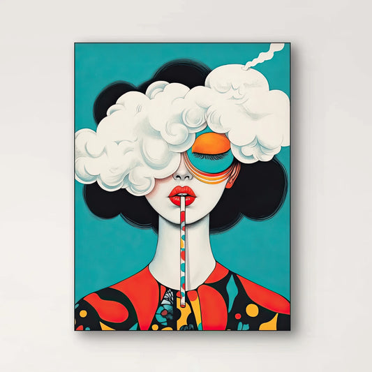 Detail van Rietje in de Wolken met vrouw, wolkenbril, rietje en kleurrijk patroon op turquoise achtergrond