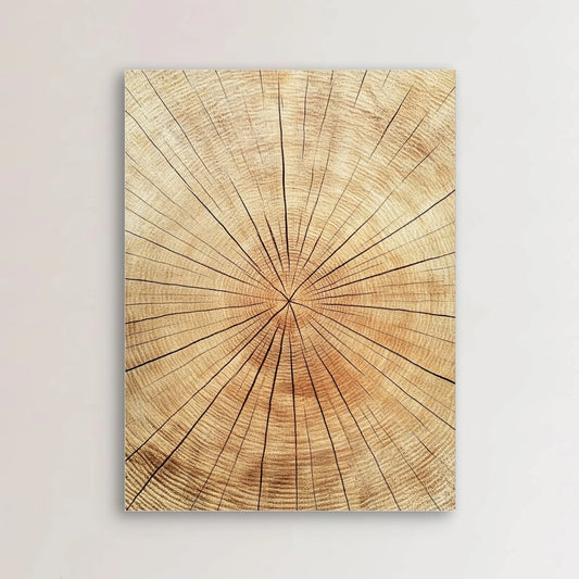 Wandkunst met boomringen in warme houttinten in licht interieur met haard en houten salontafel