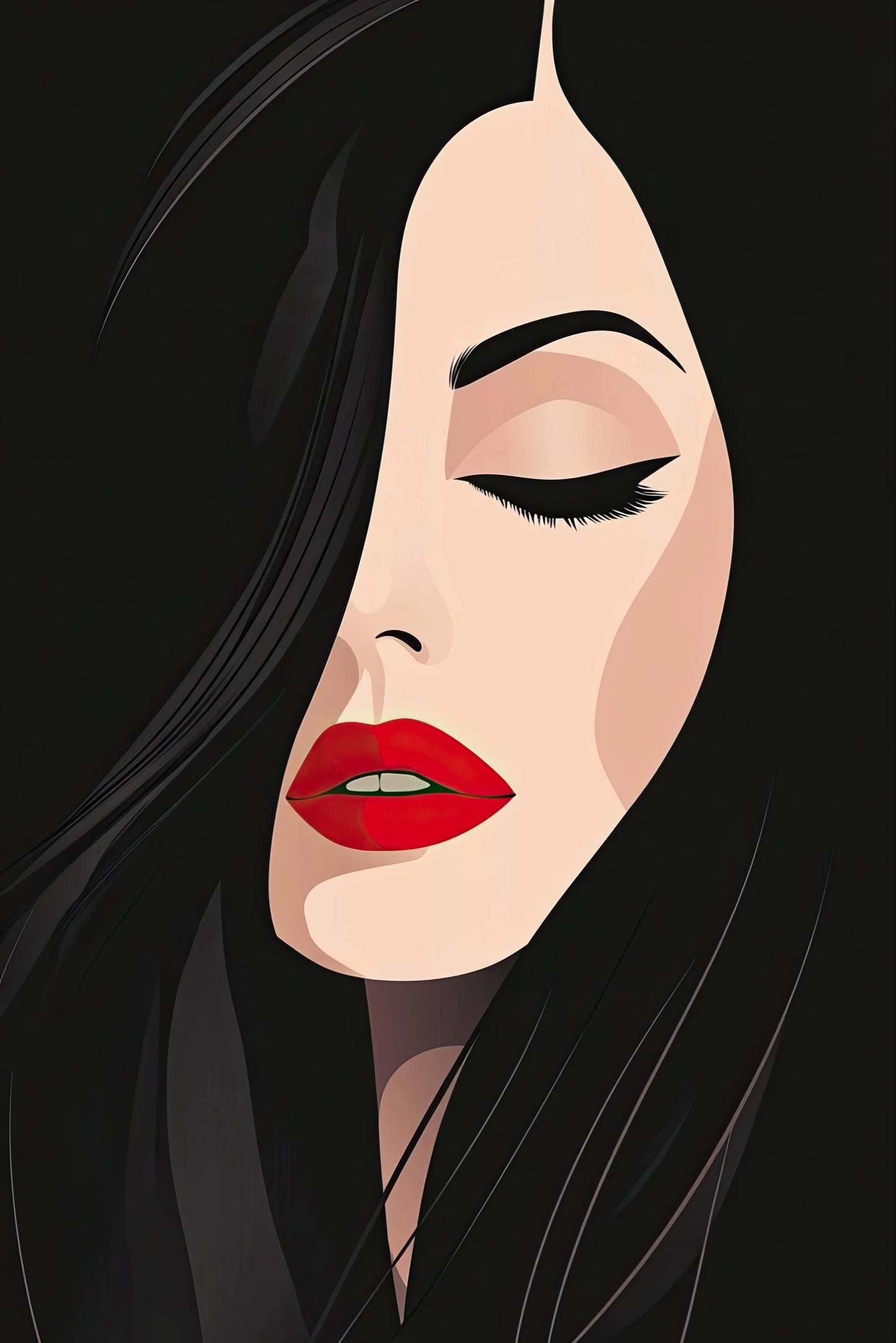 Volledige weergave van Rode Stilte, minimalistisch portret van vrouw met rood gestifte lippen en gesloten ogen