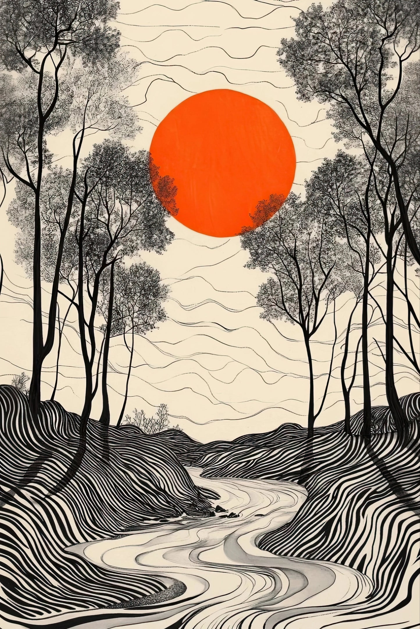 Volledig kunstwerk met rode zon boven gestileerd zwart-wit landschap met bomen en rivier