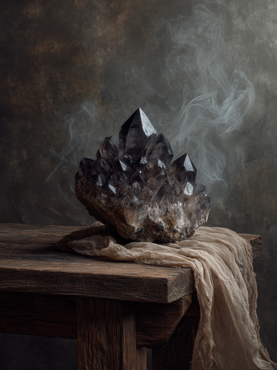 Volledig kunstwerk Rooksteen met ruwe kristal op houten tafel en zachte nevel