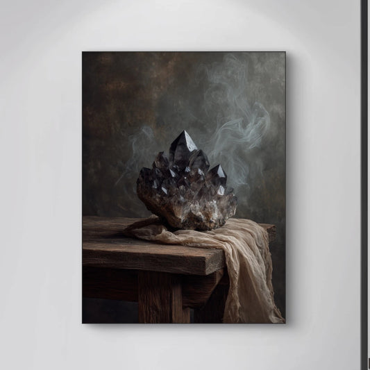 Detailopname van kunstwerk Rooksteen met donkere kristal en nevelige rook