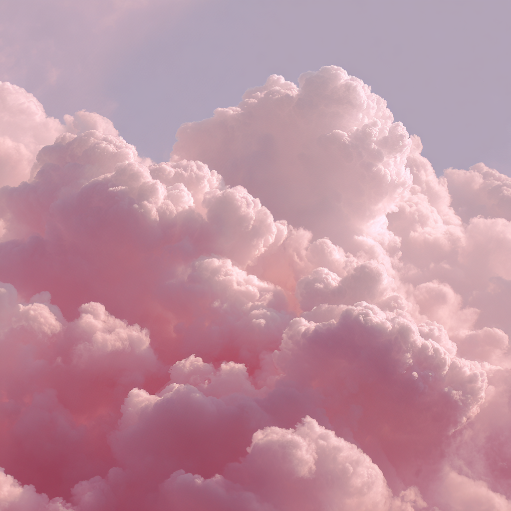 Dromerig wolkenkunstwerk in roze tinten met zachte vormen en lichte glans