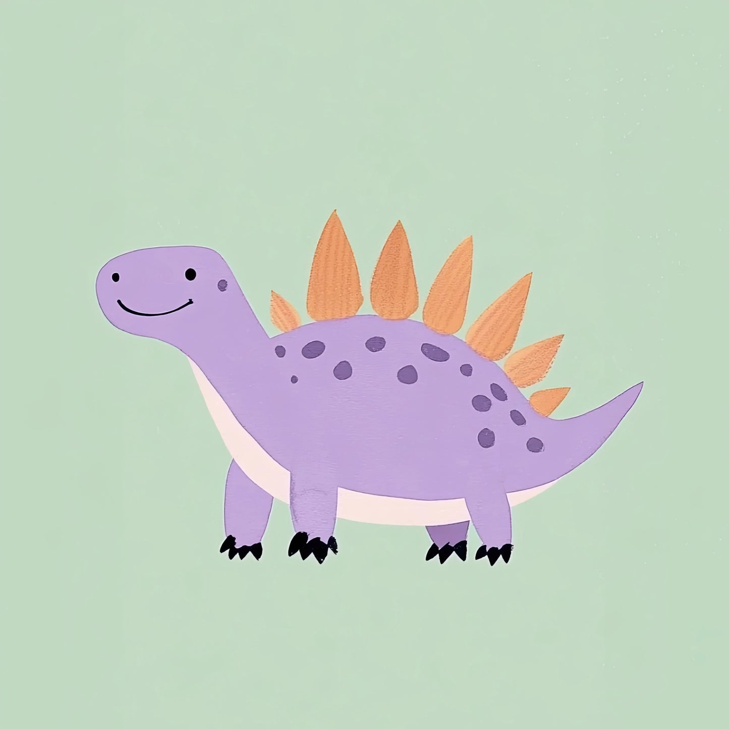 Illustratie van een lachende paarse stegosaurus met oranje rugplaten op mintgroene achtergrond