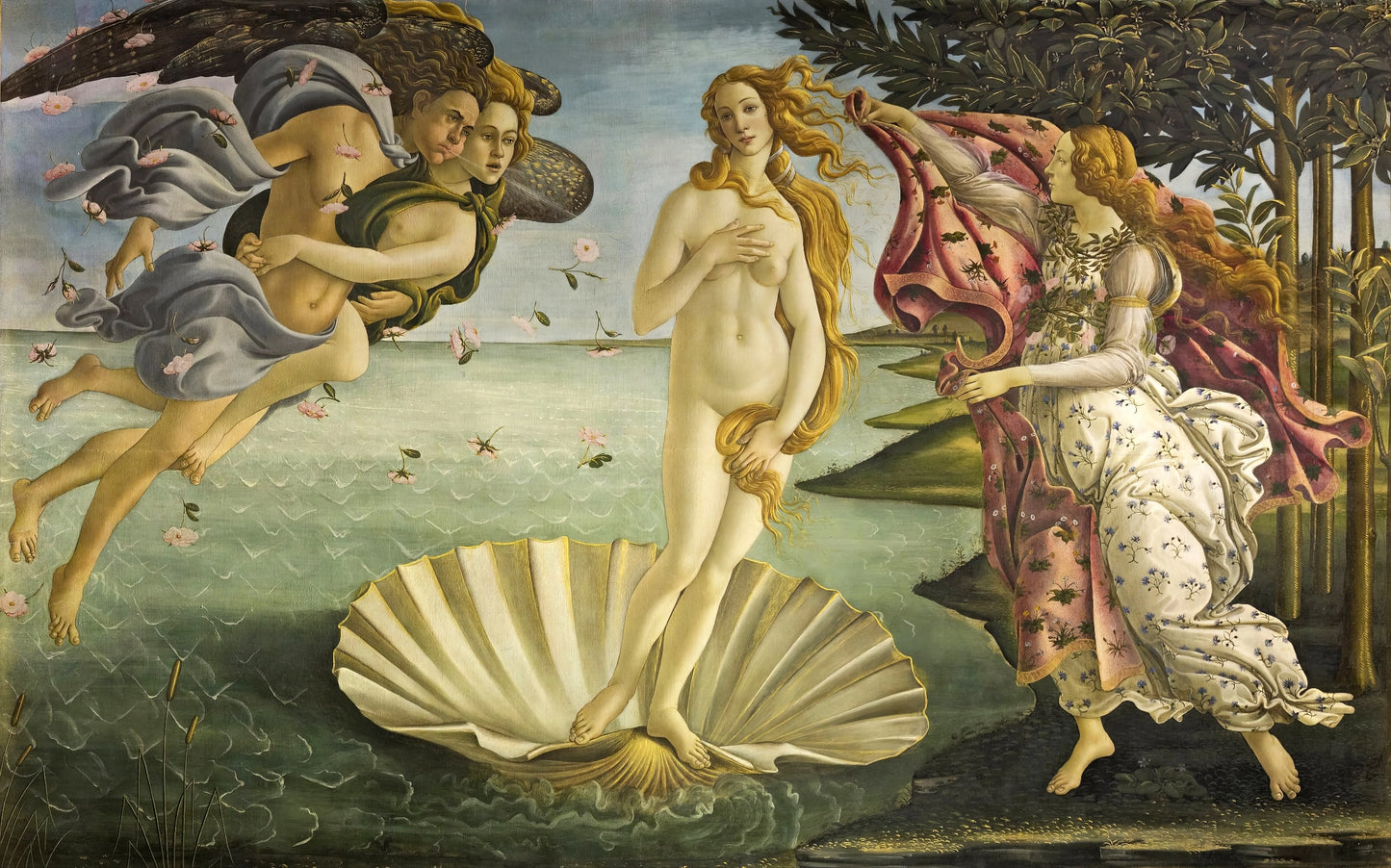 Volledige weergave van “De geboorte van Venus” met Venus op schelp, windgoden en bloemen
