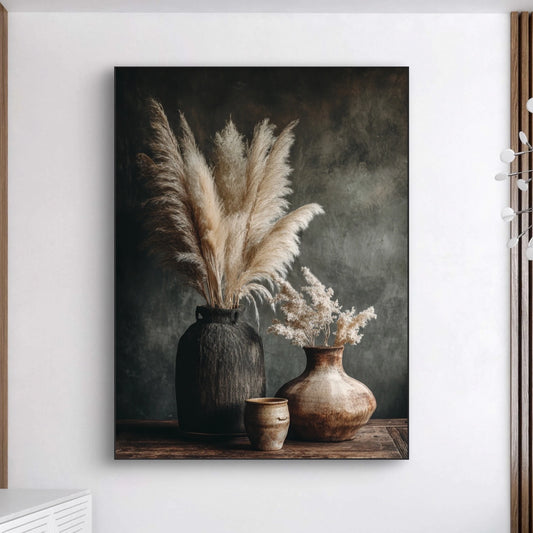 Detailopname van kunstwerk Schaduw en Licht met kruiken en pluimen in lichte en donkere tinten