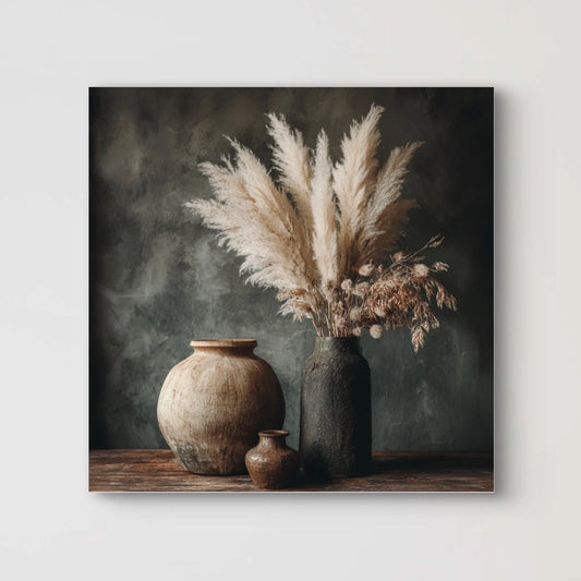 Detailopname van kunstwerk Schaduw van Aarde met aardse kruiken en lichte pluimen