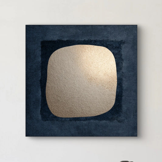 Detail van kunstwerk Schaduw van Goud met gouden textuur en diepe blauwe achtergrond.