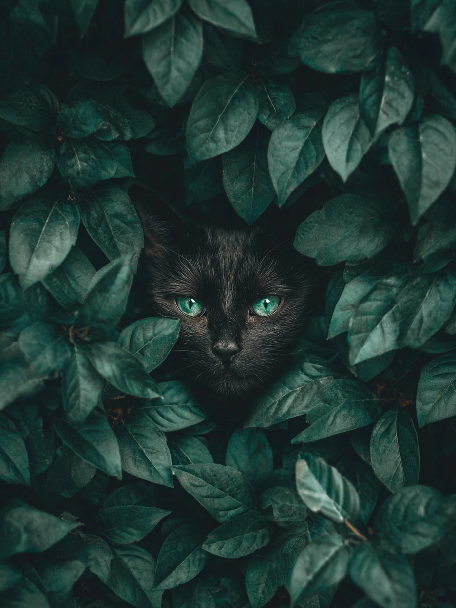 Volledige weergave van Schaduwblik met zwarte kat verscholen in donkergroen bladerdek