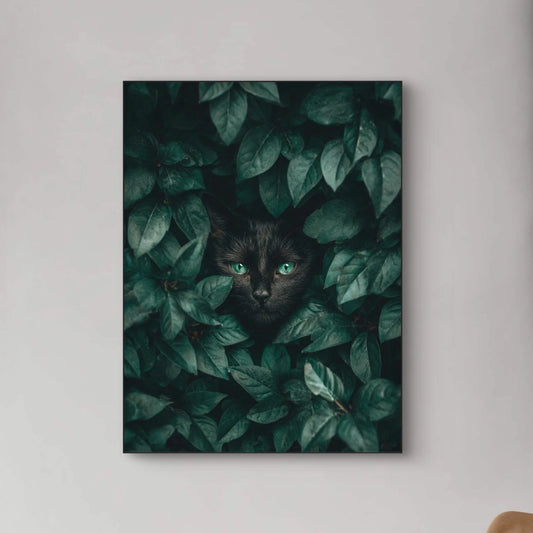 Detailopname van Schaduwblik met zwarte kat en felgroene ogen tussen bladeren