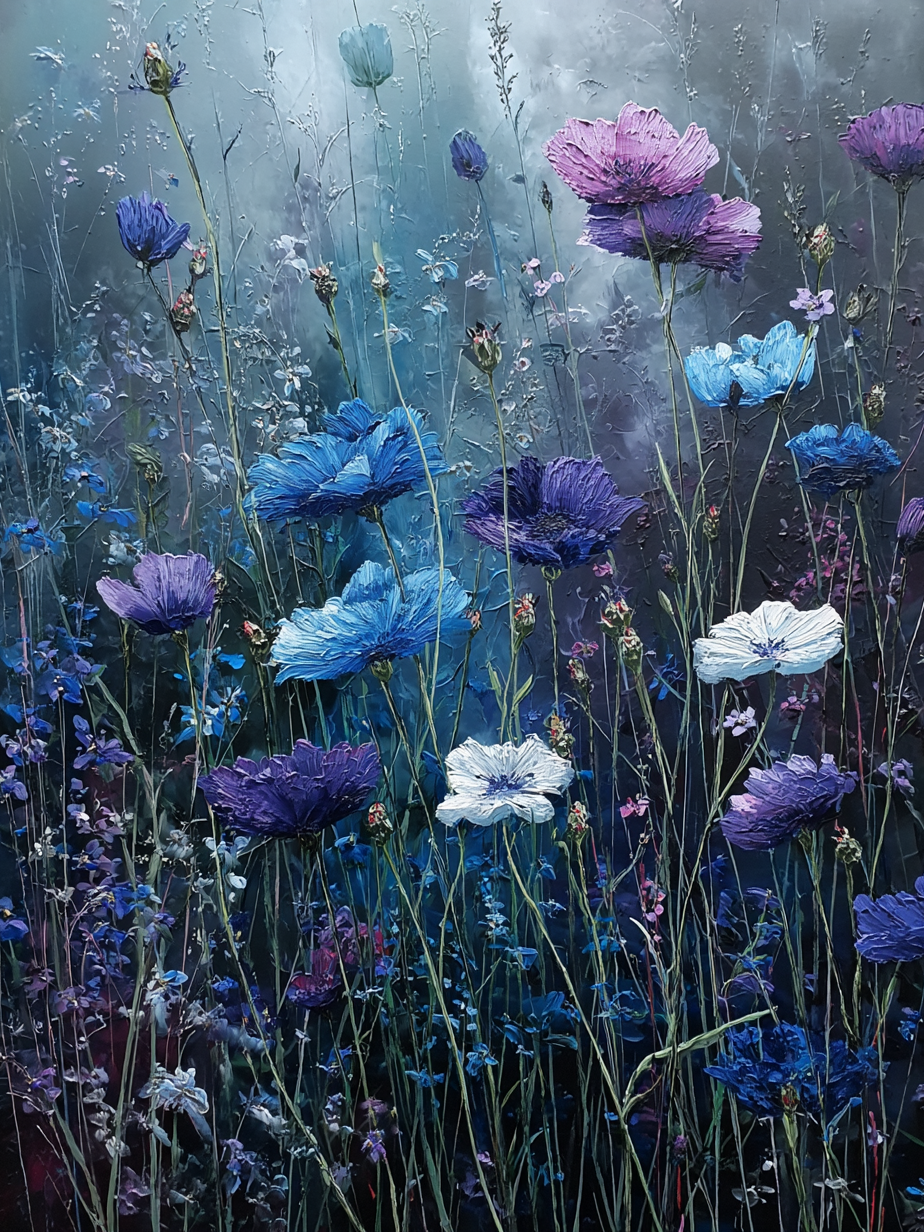 Bloemrijk wandkunstwerk in blauwe en paarse tinten met realistische details en zachte sfeer