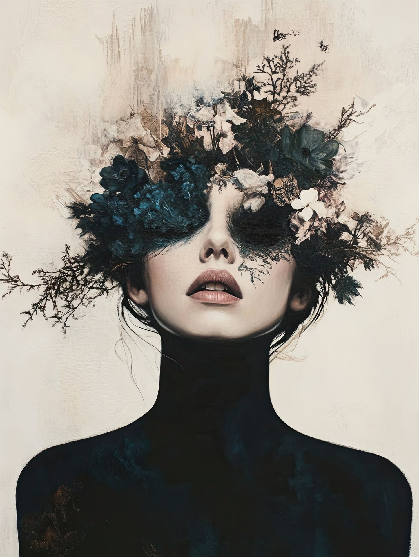 Volledige weergave van Schaduwflora, vrouw met florale schaduwstructuur en intense blik op lichte achtergrond