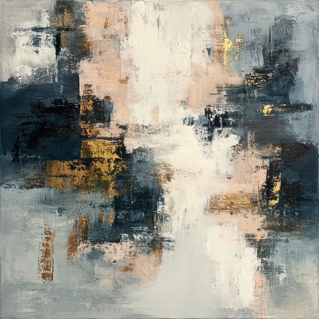 Abstract schilderij in blauw, roze, beige en goud tinten met verfijnde balans tussen licht en schaduw