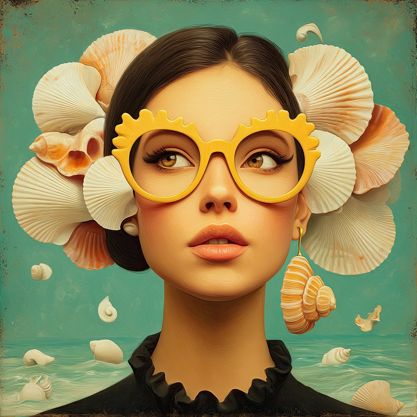 Volledige weergave van Schelpfluistering, vrouw met schelpenkroon en opwaartse blik aan zee