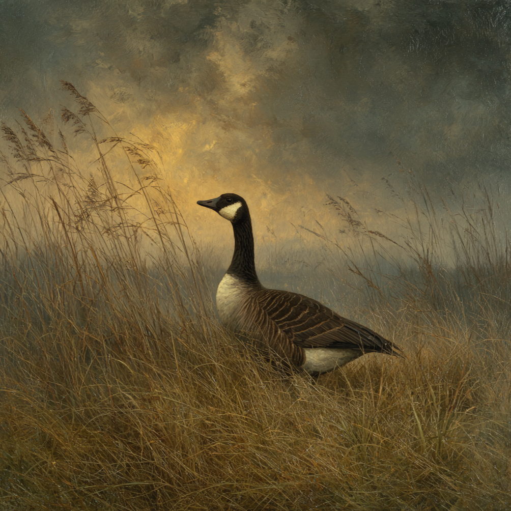 Volledige weergave van Schemergans met gans in schemerlicht en hoge grassen