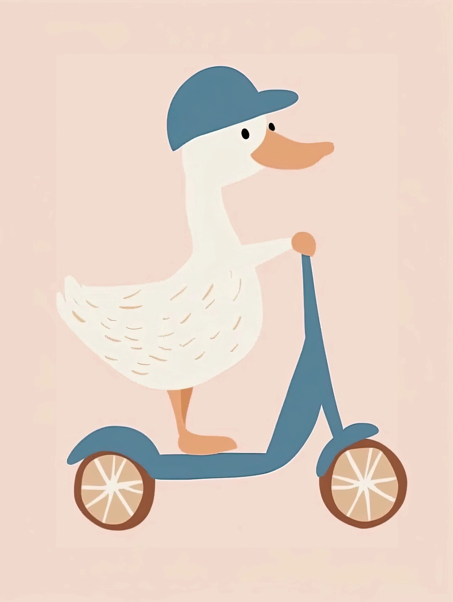 Minimalistische illustratie van een eend met pet die rijdt op een step tegen een effen lichtroze achtergrond