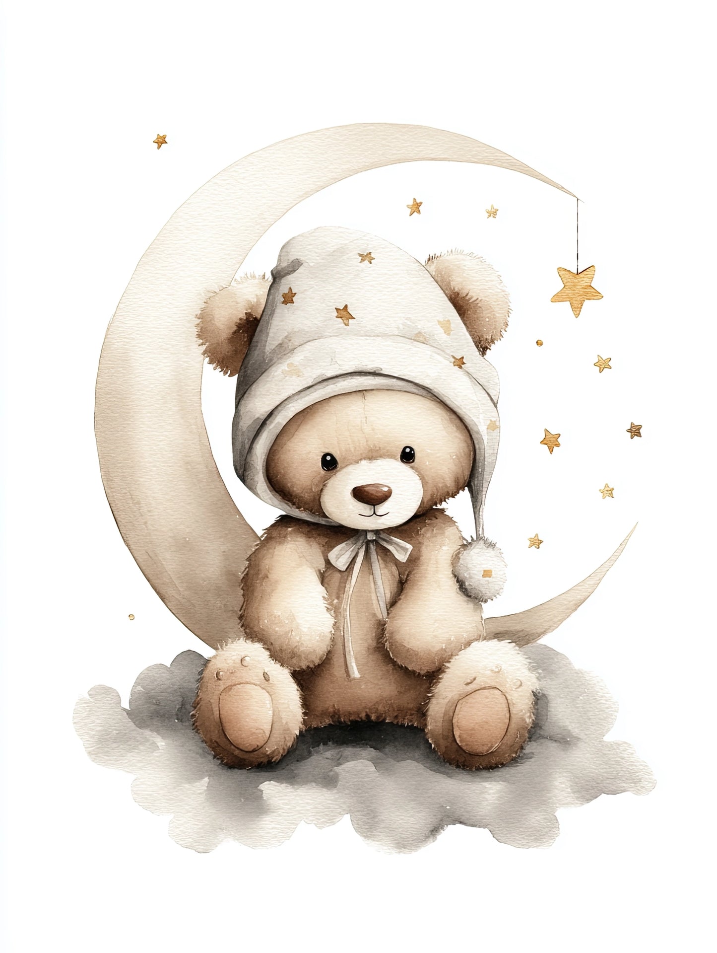 Waterverfillustratie van een slapend beertje met muts op een wolk, tegen een witte achtergrond met maan en sterren