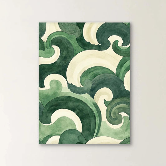 Detail van schilderij met gestileerde groene golven en zachte kleurovergangen