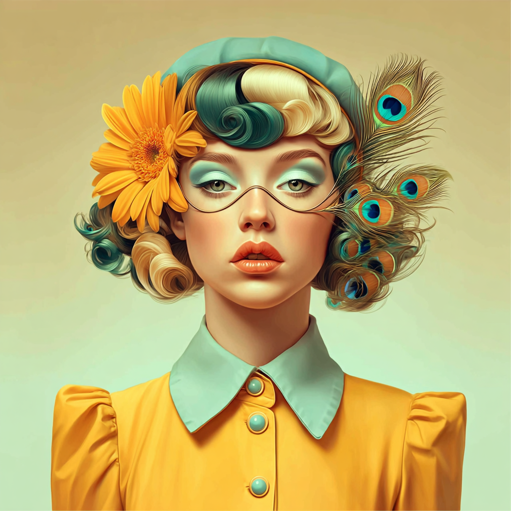 Volledige weergave van kunstwerk Solenne, een expressief portret in warme en koele tonen met retro flair