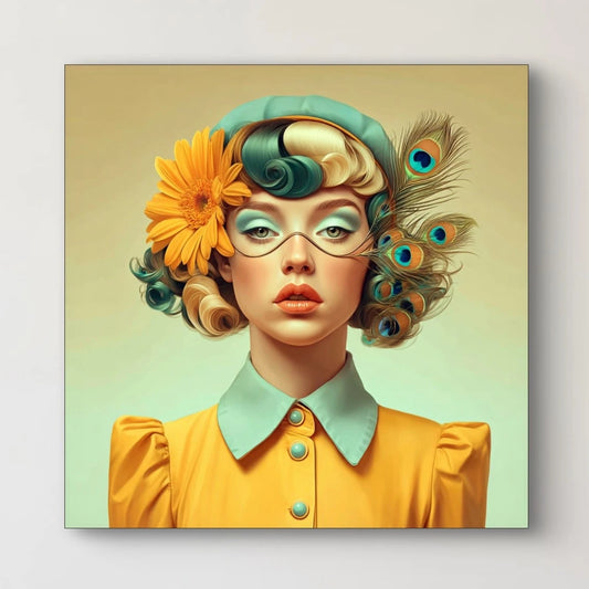 Detail van schilderij Solenne met zonnebloem, pauwenveren en zachte kleurverlopen in geel en blauwgroen