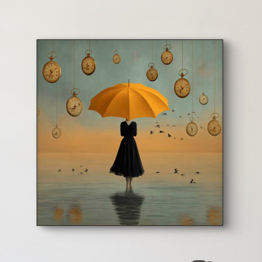 Detail van vrouw met gele paraplu en zwevende klokken boven water in dromerig licht