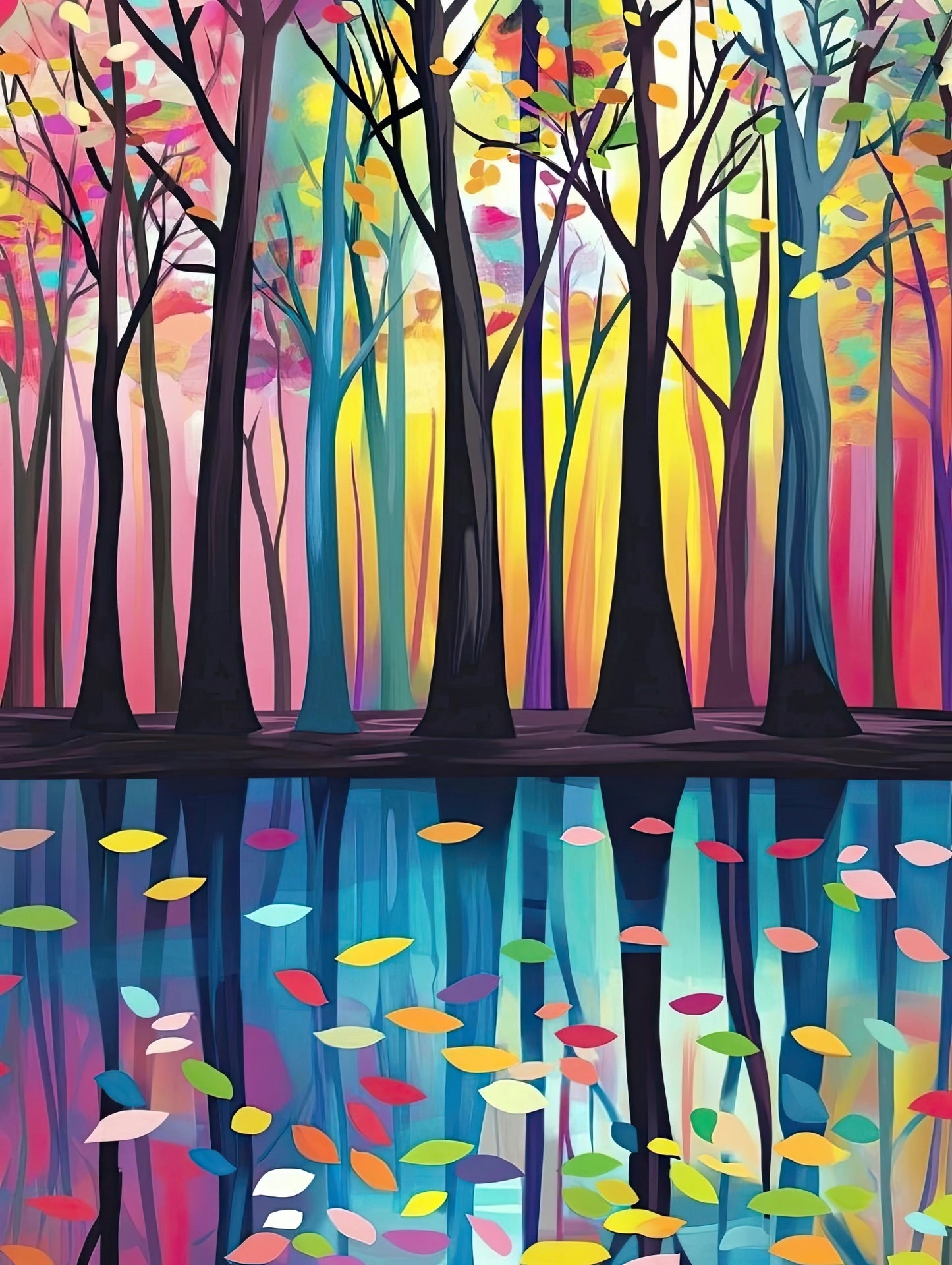 Abstract kunstwerk van bomen met kleurrijke bladeren en hun reflectie in het water