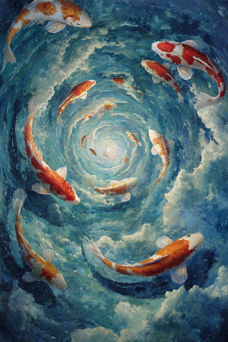 Volledige weergave van Spiraal van Rust met koi’s in dynamische draaikolk