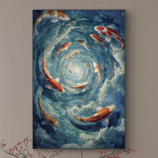 Detailopname van Spiraal van Rust met koi’s in cirkelvormige waterbeweging