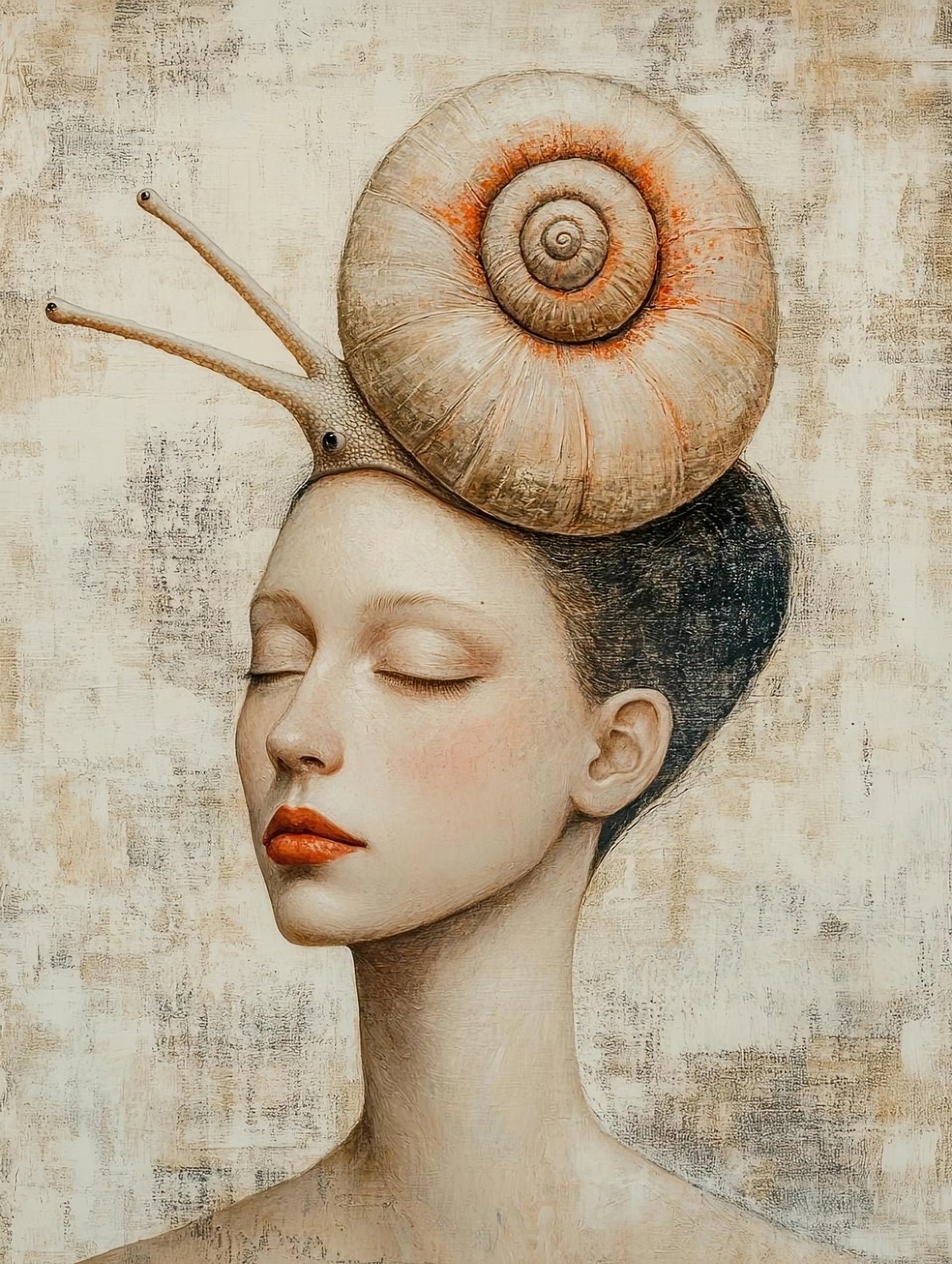 Volledige weergave van Spiraalkroon, minimalistisch portret met slakkenhuis op hoofd in zachte tinten