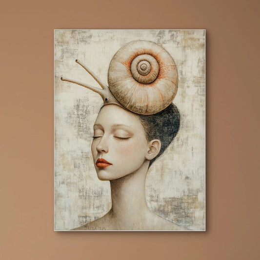 Detail van Spiraalkroon met vrouw, gesloten ogen en een slakkenhuis als kroon op haar hoofd