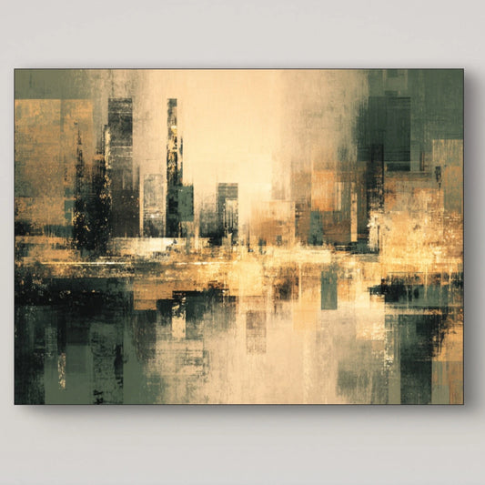 Detailopname van kunstwerk Stad in Gloed met abstracte vormen in goud, groen en beige tinten