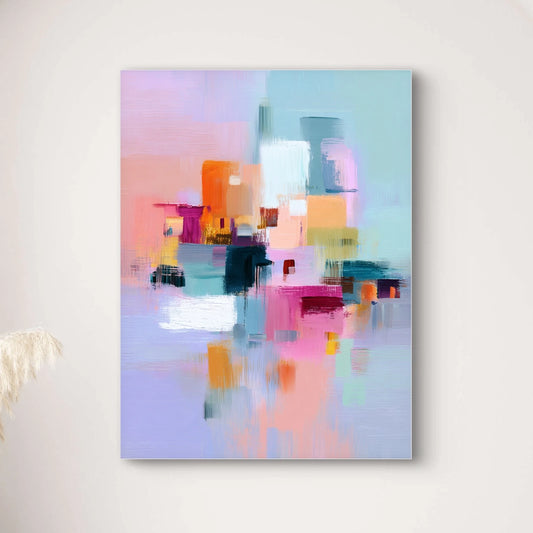 Detail van abstract kunstwerk Stad in Pastel met zachte penseelstreken in pastelkleuren