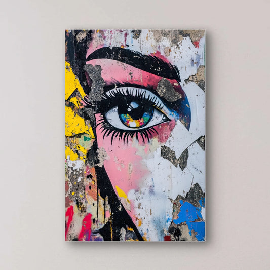 Detail van Stadsblik met close-up van oog, graffiti, scheuren en kleurrijke street-art details