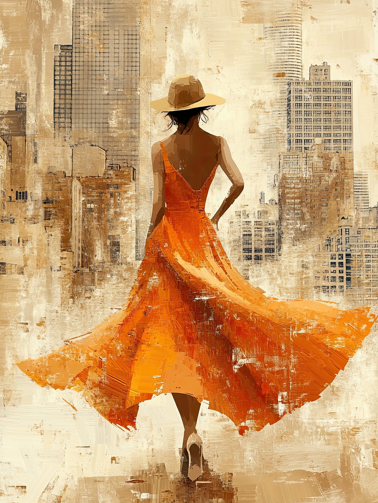 Volledige weergave van Stadse Bries, vrouw in oranje jurk die loopt in abstract stadsbeeld