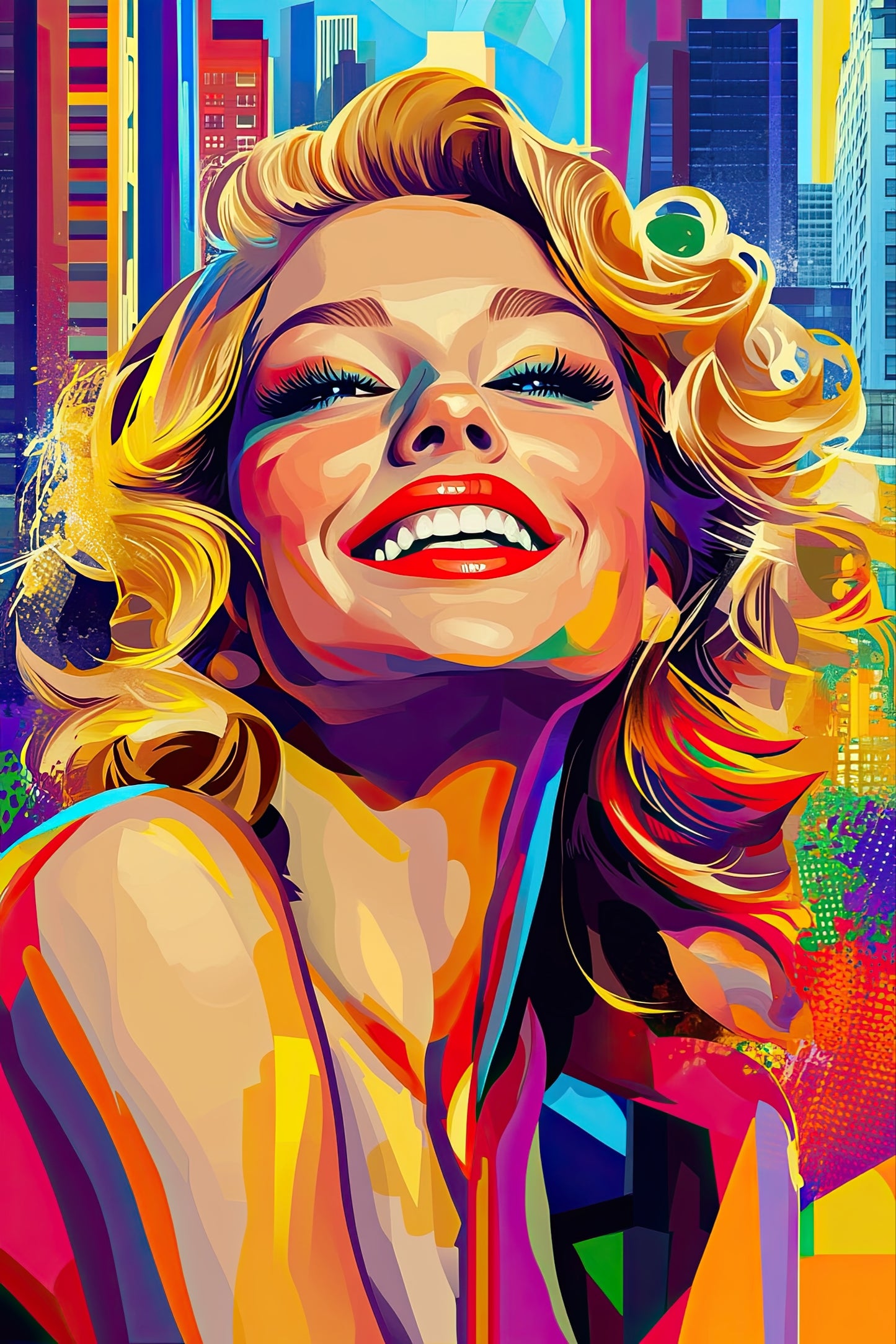Volledige weergave van Stadsgeluk, kleurrijk pop-art portret van vrouw met blonde krullen en brede lach