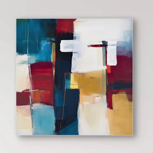 Detail van abstracte vormen en verfstructuur in rood, blauw en goudtinten