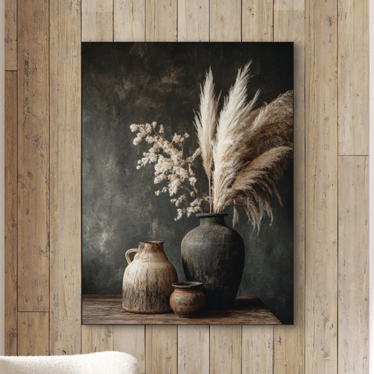 Detailopname van kunstwerk Stem van Klei met kruiken en pluimen in aardse tinten